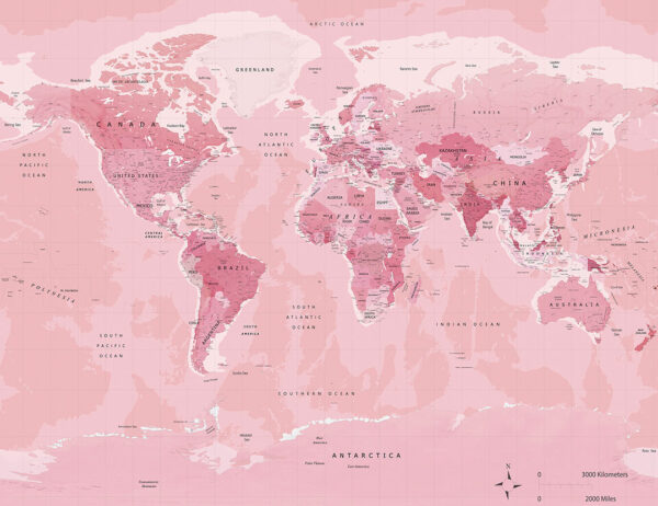 Carta da parati mappa politica del mondo in colore rosa brillante