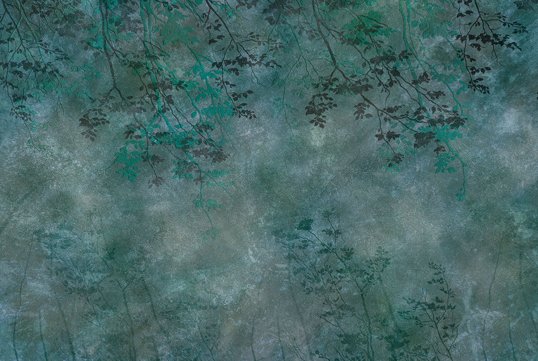 Rami e foglie di alberi astratti in carta da parati verde foresta