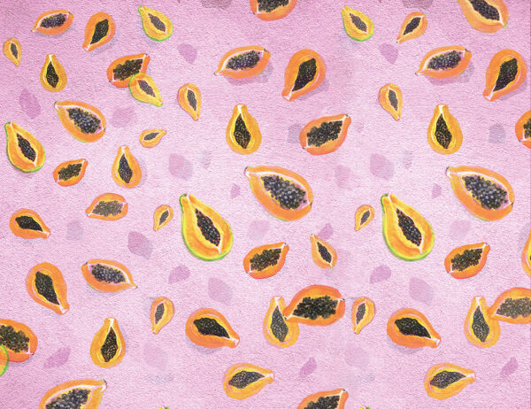 Carta da parati con motivo papayas brillante sullo sfondo rosa