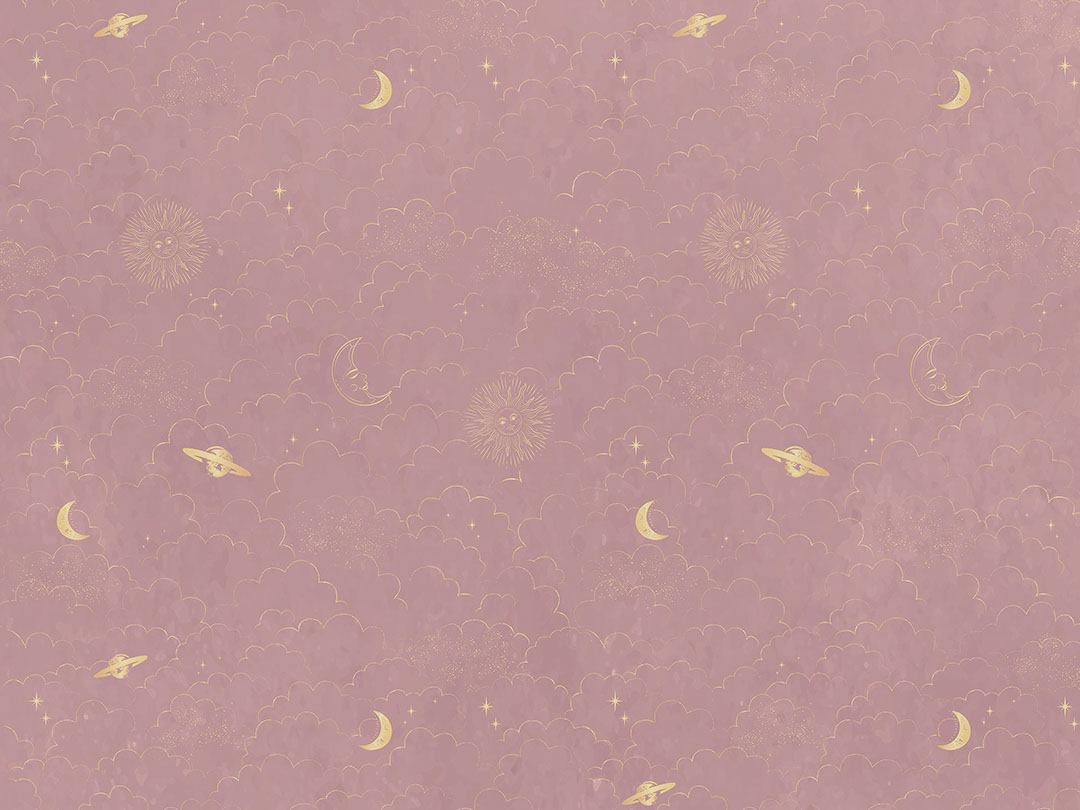 Carta da parati con motivo di pianeti e nuvole dorate sul cielo rosa