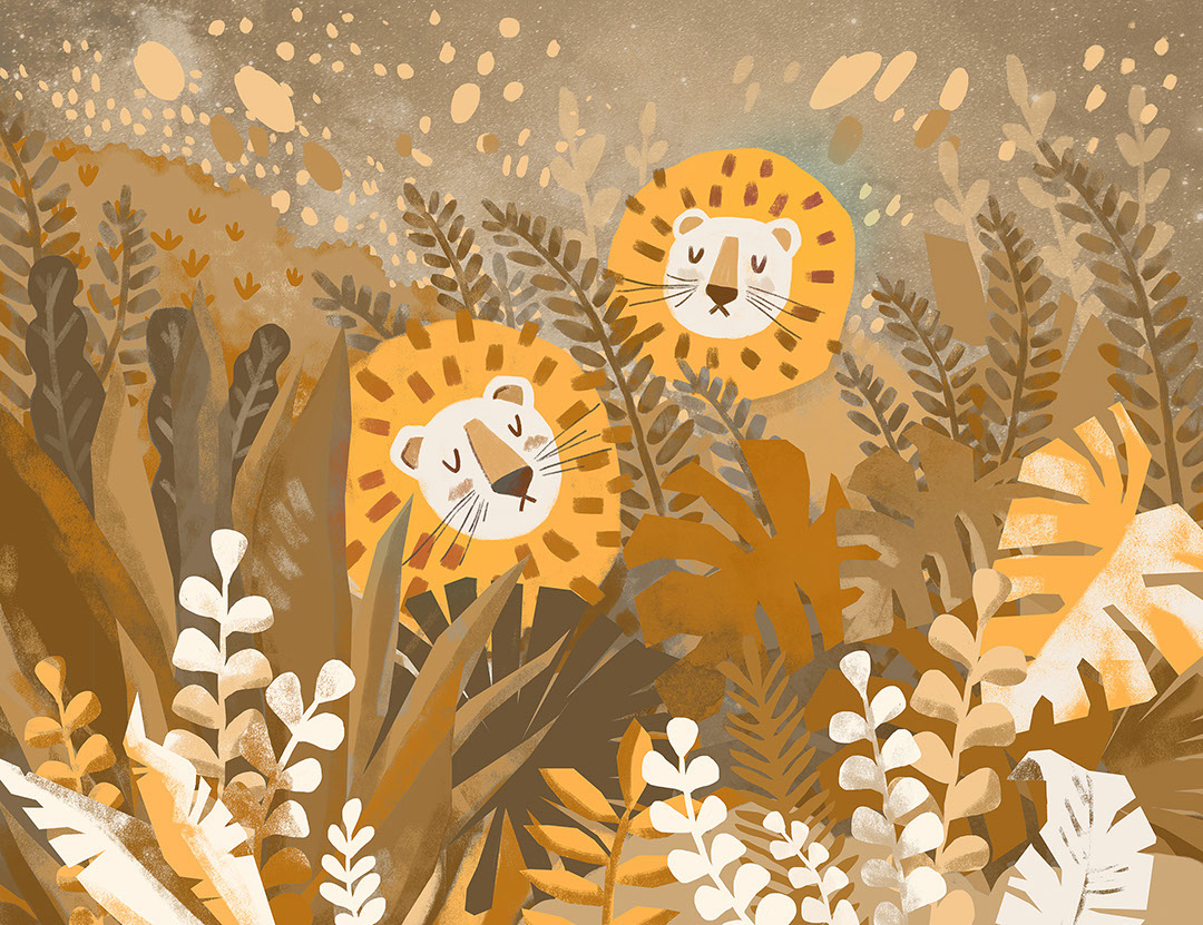 Cuccioli di leone nella calda carta da parati della foresta pluviale