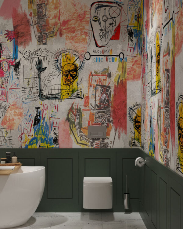 Carta da parati moderno luminoso ispirato a Basquiat per il bagno