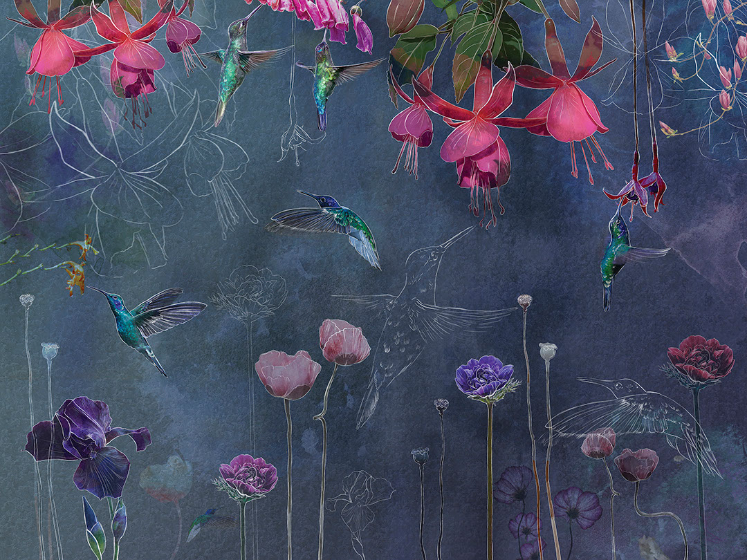 Colibrì luminosi con fiori delicati sullo sfondo blu scuro carta da parati