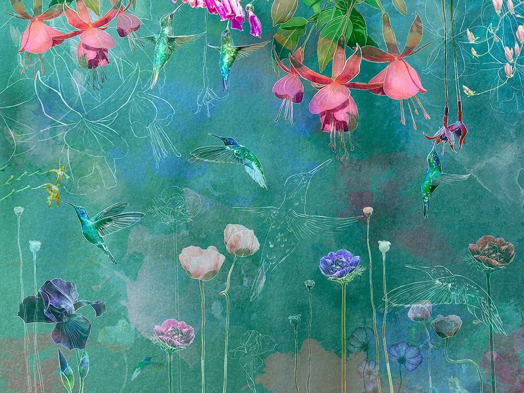 Colibrì luminosi con fiori delicati sullo sfondo verde carta da parati natura