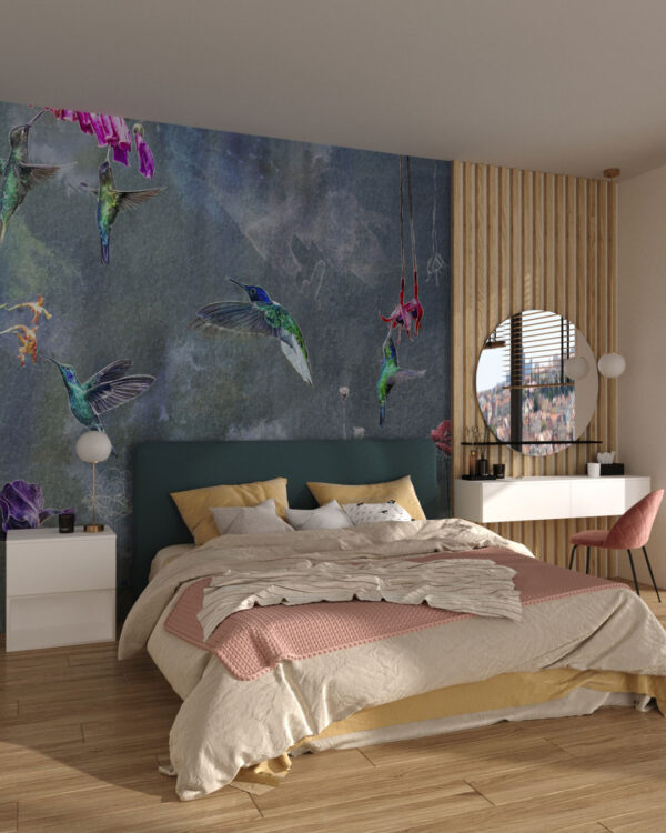 Colibrì al neon e fiori acquerellati carta da parati per la camera da letto