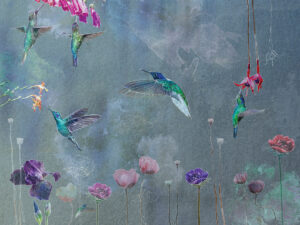 Carta da parati con colibrì al neon e fiori acquerellati