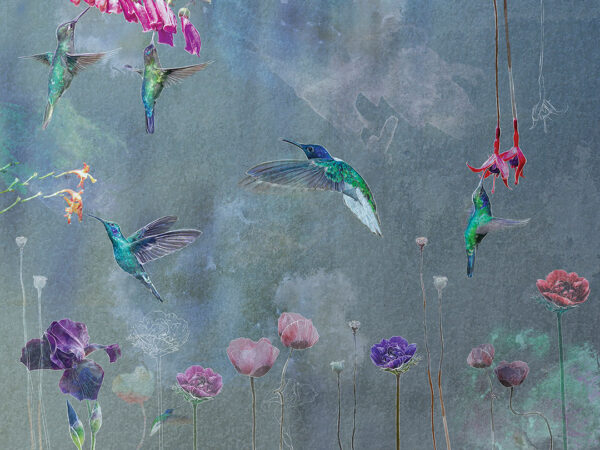 Carta da parati con colibrì al neon e fiori acquerellati