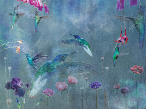 Carta da parati con colibrì colorati e fiori acquerellati