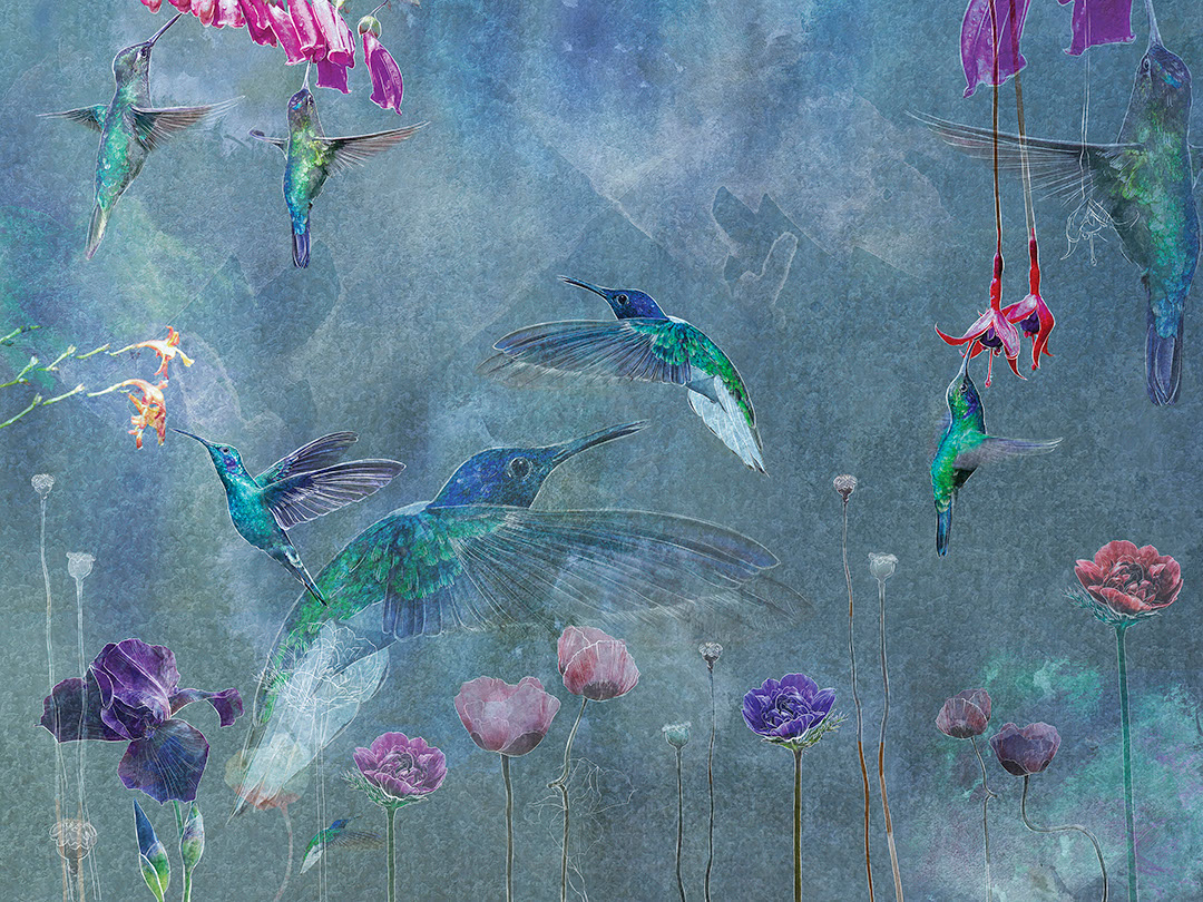 Carta da parati con colibrì colorati e fiori acquerellati