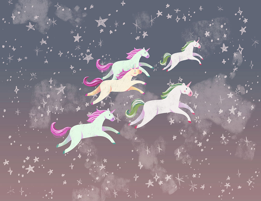 Mandria di unicorni tra le stelle nel cielo scuro carta da parati