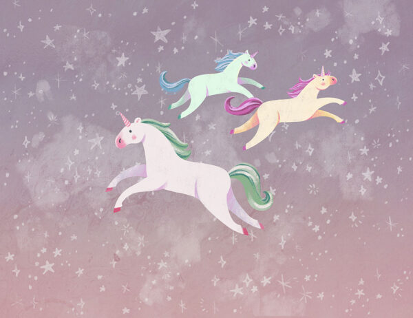 Unicorni colorati con stelle su un carta da parati cielo viola