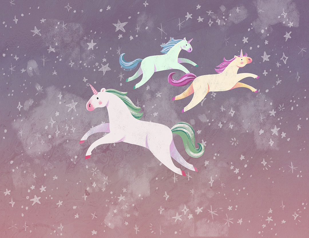 Unicorni colorati con stelle su un cielo viola carta da parati
