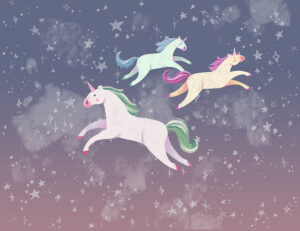 Unicorni colorati con stelle su un carta da parati cielo blu