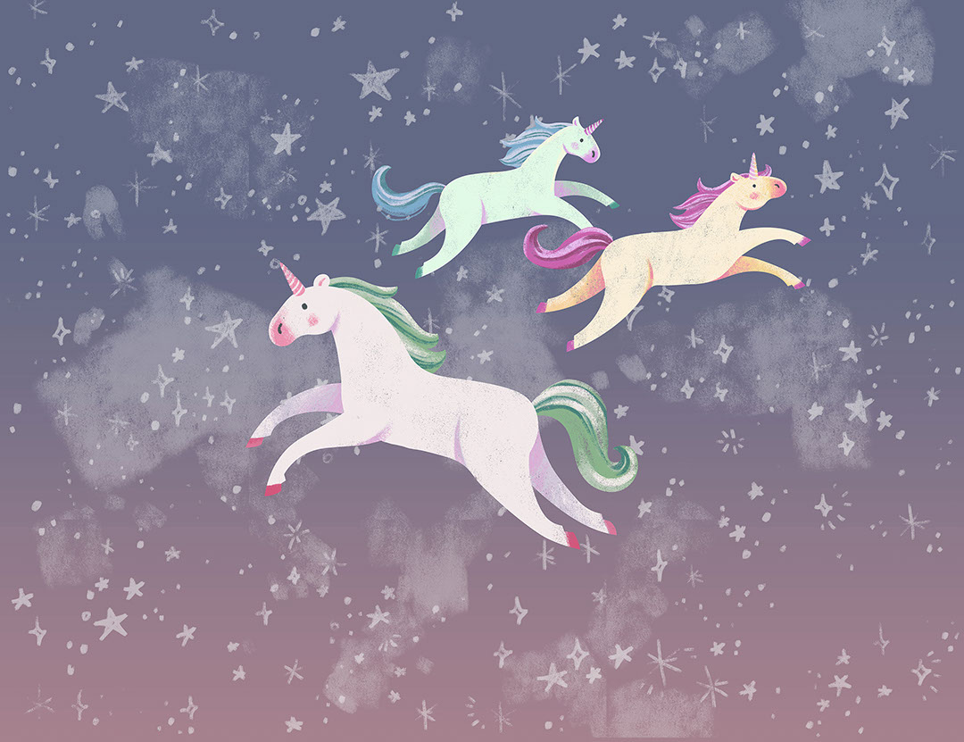 Unicorni colorati con stelle su un carta da parati cielo blu
