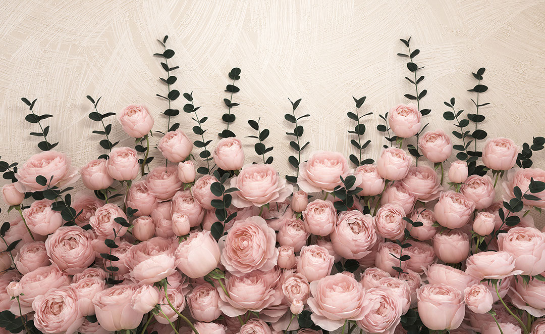 Delicati fiori di rosa sullo sfondo beige testurizzato сarta da parati 3D