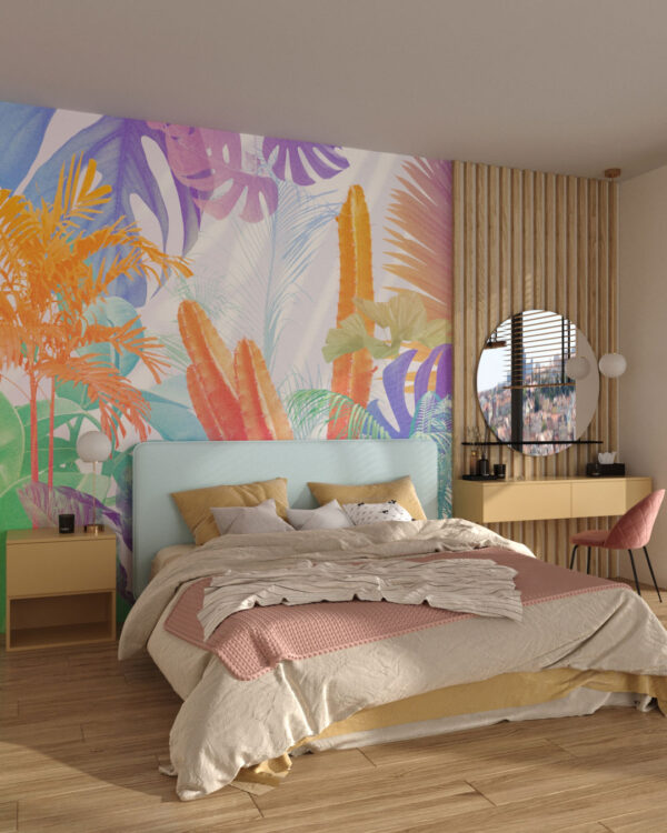 Carta da parati design luminoso con foglie tropicali e cactus per la camera da letto