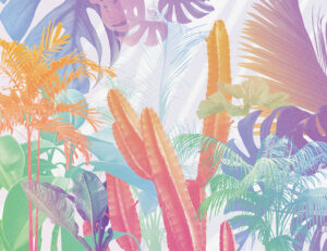 Carta da parati design con foglie tropicali e cactus luminosi
