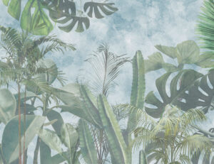 Foglie tropicali e cactus su un сarta da parati con cielo blu