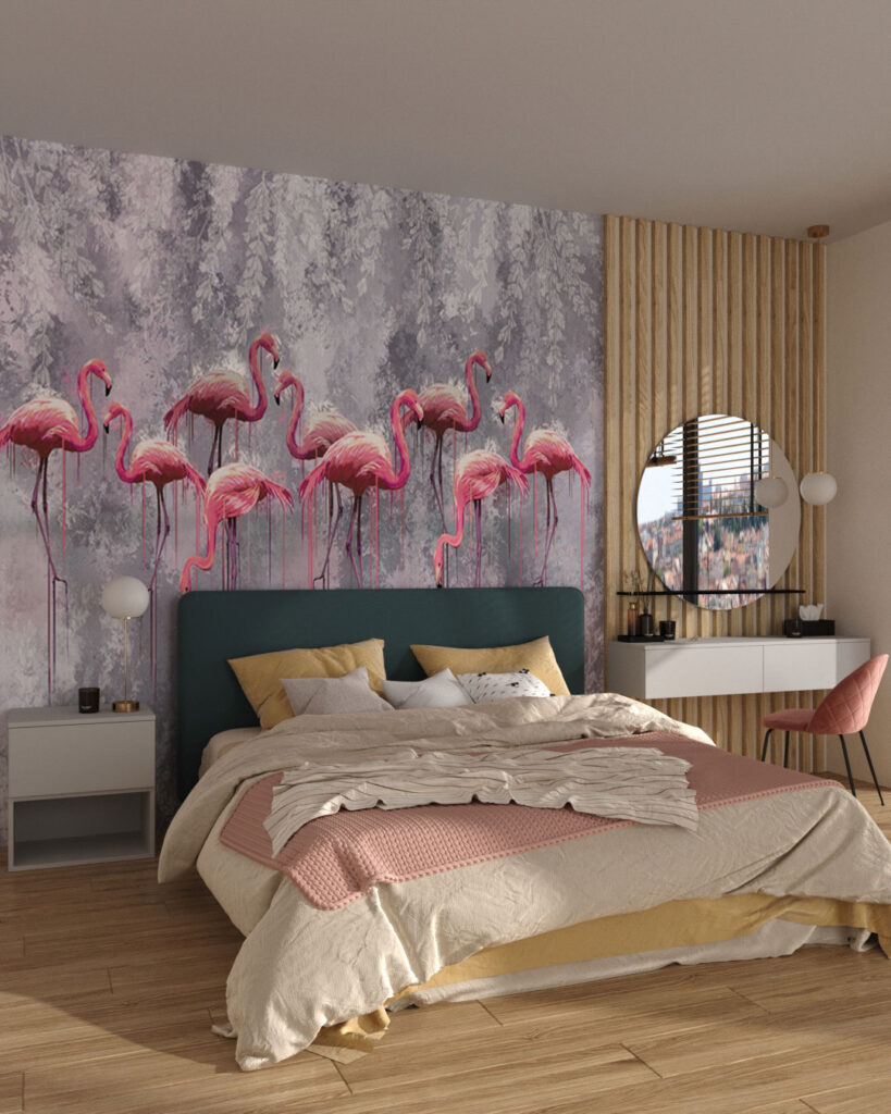 Carta da parati Fenicottero per la camera da letto - kith2kin.it Carta da parati con stormo di fenicotteri rosa per la camera da letto