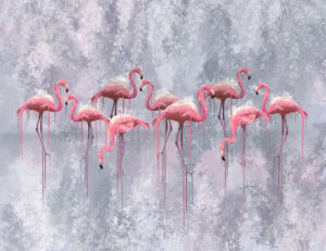Carta da parati con stormo di fenicotteri rosa