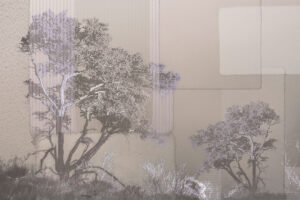 Collage di alberi africani e forme geometriche сarta da parati in toni grigi