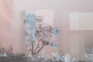 Collage di alberi e forme geometriche сarta da parati in toni vivaci