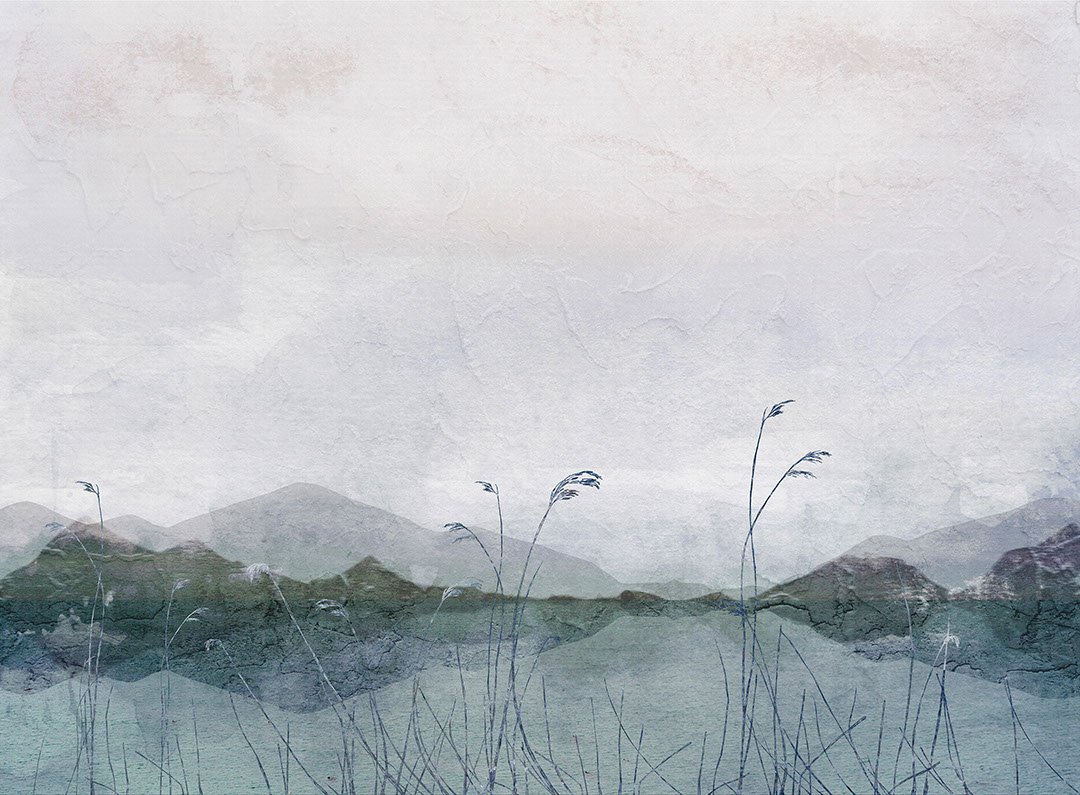 Lago, erba e montagne con effetto сarta da parati decorativo in gesso