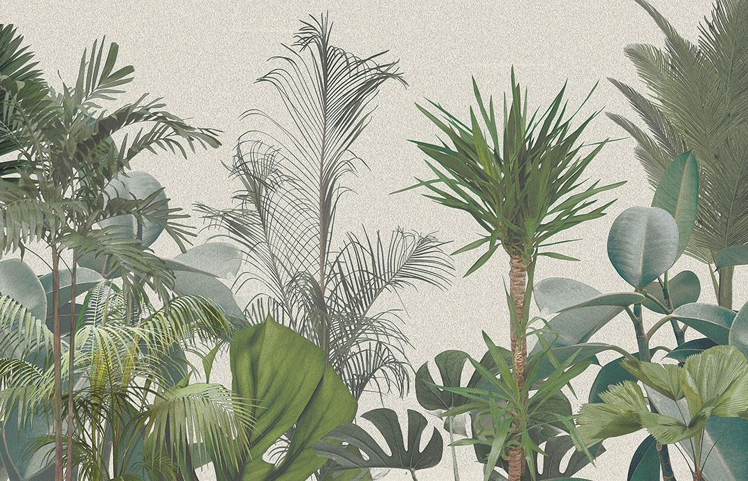Carta da parati con foglie e alberi tropicali in tonalità di verde