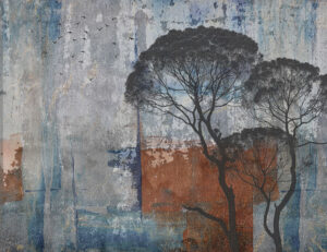 Alberi africani con un carta da parati astratto con sfondo blu e rosso