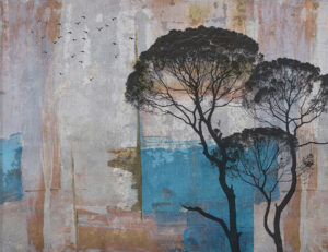 Alberi africani con un carta da parati astratto con sfondo blu e marrone