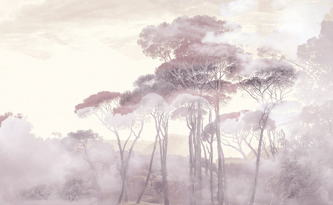 Carta da parati con foresta nella nebbia mattutina in toni rosa