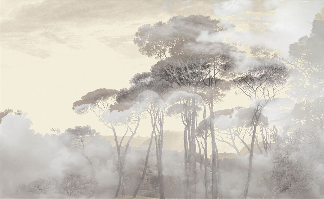Carta da parati con foresta nella nebbia mattutina nei toni del beige