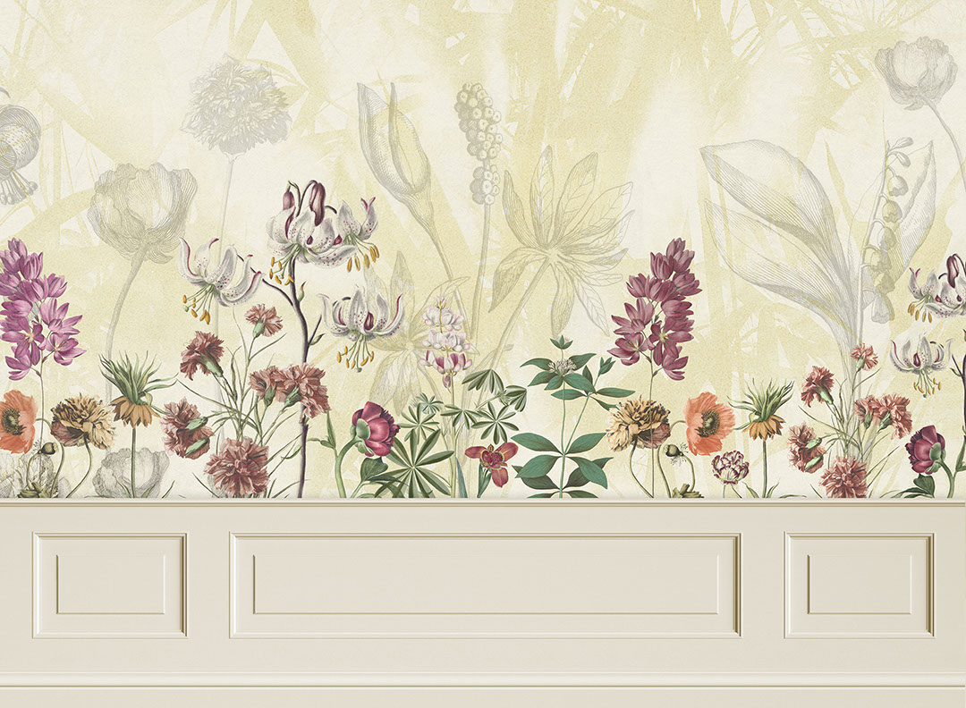 Delicati fiori con modanature in stucco giallo carta da parati