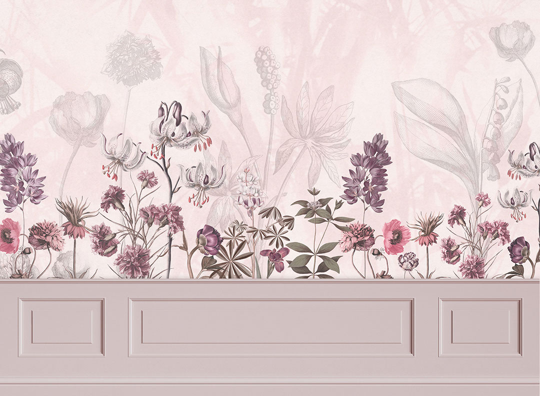 Delicati fiori con modanature in stucco viola carta da parati