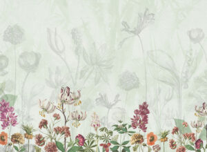 Delicati fiori disegnati a matita sul carta da parati di sfondo verde