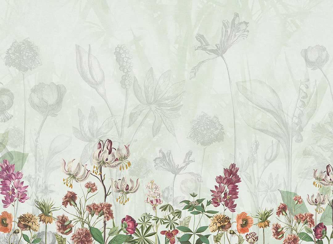 Delicati fiori disegnati a matita sul carta da parati di sfondo verde