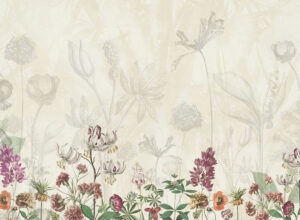 Delicati fiori disegnati a matita sul carta da parati di sfondo giallo