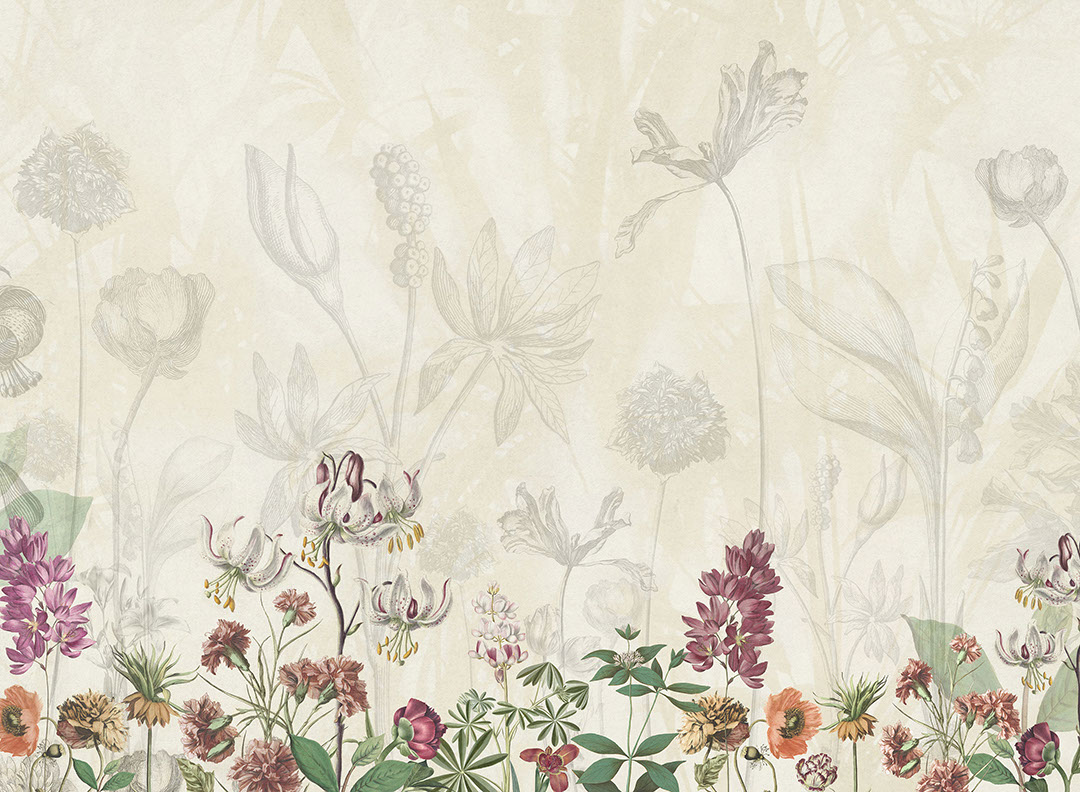 Delicati fiori disegnati a matita sul carta da parati di sfondo giallo