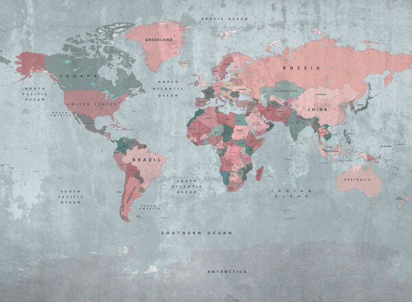 Mappa del mondo con carta da parati di continenti rosa e verdi