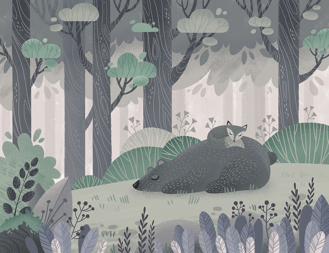 Orso carino e una volpe in un carta da parati disegnato a mano in una foresta fatata oscura