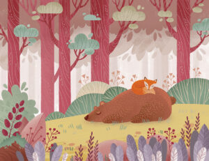 Orso carino e una volpe in un carta da parati luminoso disegnato a mano in una foresta fatata