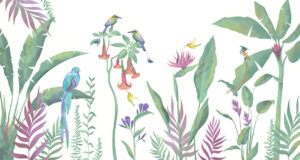 Carta da parati natura minimalista tropicale con uccelli luminosi
