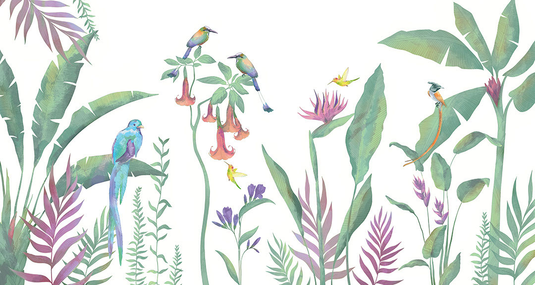Carta da parati natura minimalista tropicale con uccelli luminosi