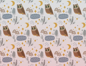 Carta da parati con motivo gufi e luna sullo sfondo sfumato