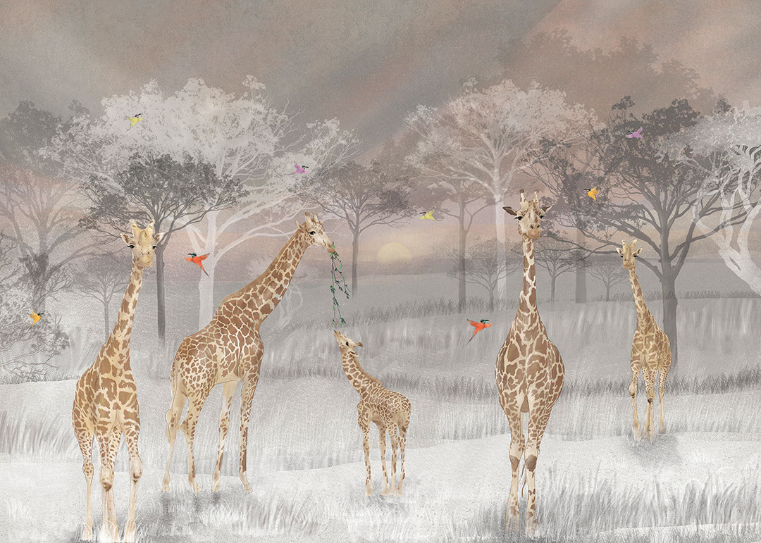 Savana africana con giraffe e colibrì vivaci carta da parati natura