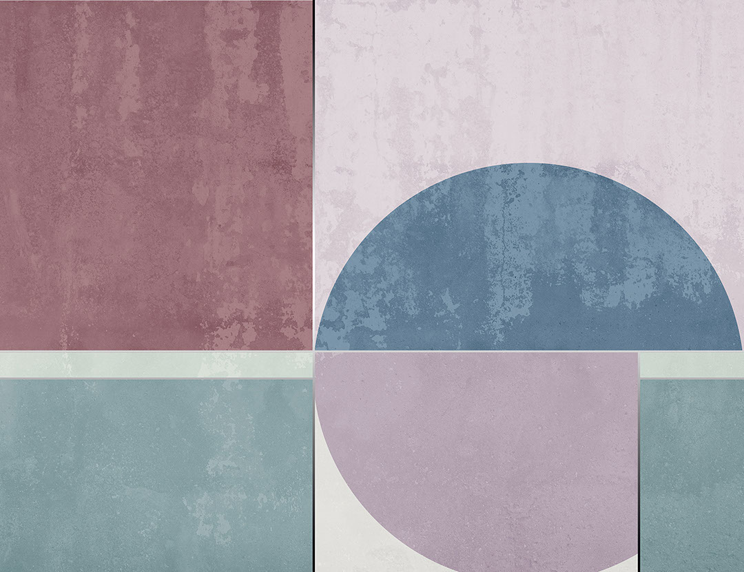 Carta da parati con forme geometriche blu e viola con effetto intonaco decorativo