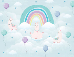 Lama in posizione del loto sotto il carta da parati arcobaleno