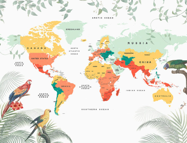Mappa del mondo tematica con carta da parati di pappagalli