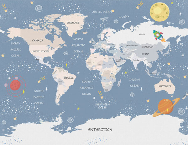 Carta da parati mappa del mondo per bambini con pianeti e razzi