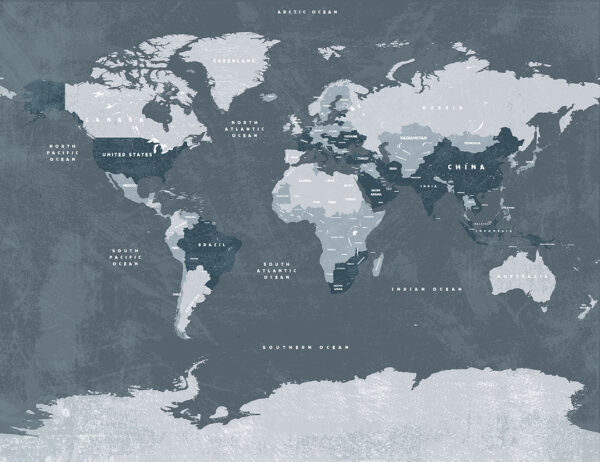 Carta da parati mappa del mondo grigia in stile loft